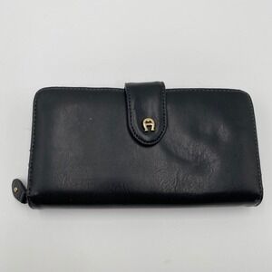 Vintage Aigner Black Leather Long Wallet‎ Organizer Snap Closure Zip Around